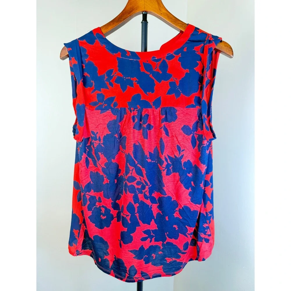 Loft Women Tunic Blouse XS NEW Red Blue Sheer Relax Fit Sleeveless Spring Summer - Picture 9 of 11